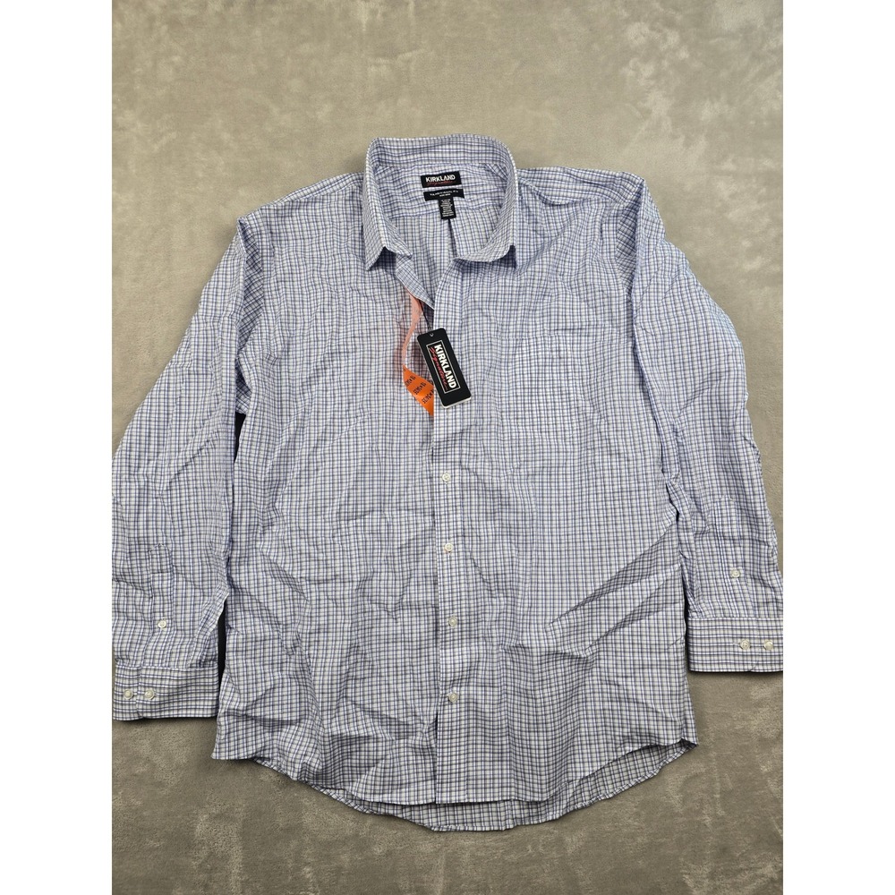 Kirkland Signature Dress Shirt Mens 18 34/35 Blue Plaid Non-Iron Traditional Fit